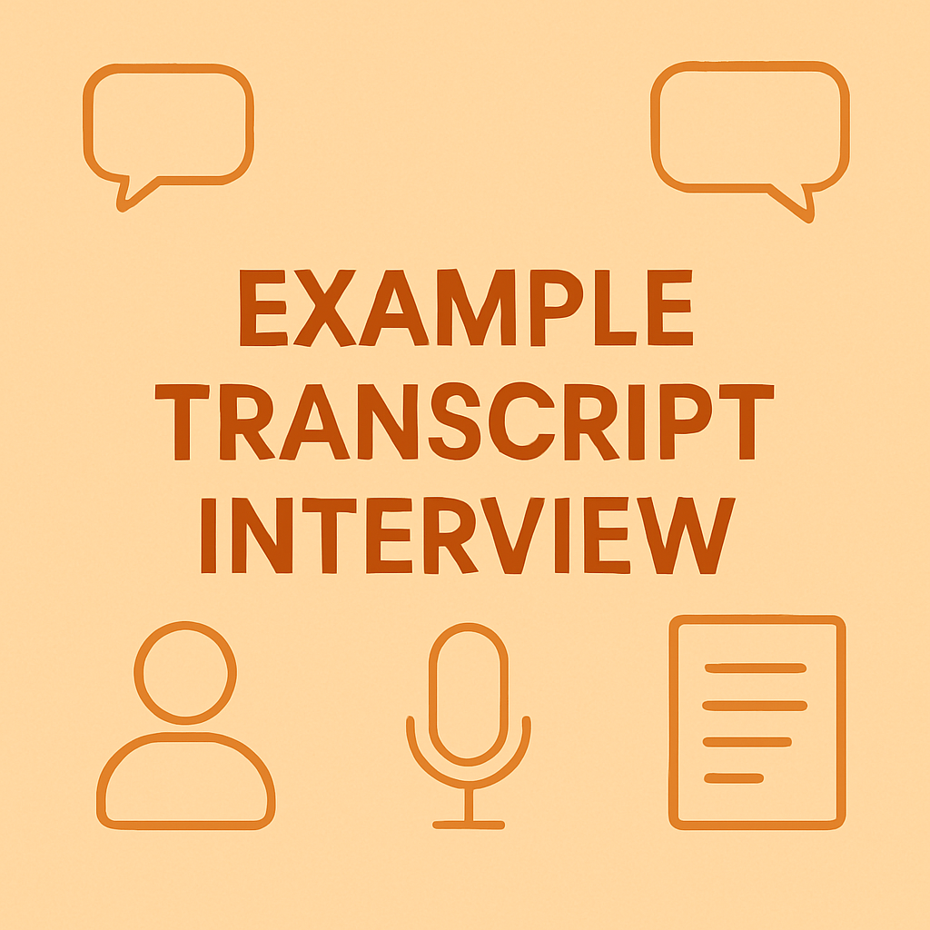 Icons of a person, microphone, and document with the text "Example Transcript Interview" on a light orange background, with speech bubbles.