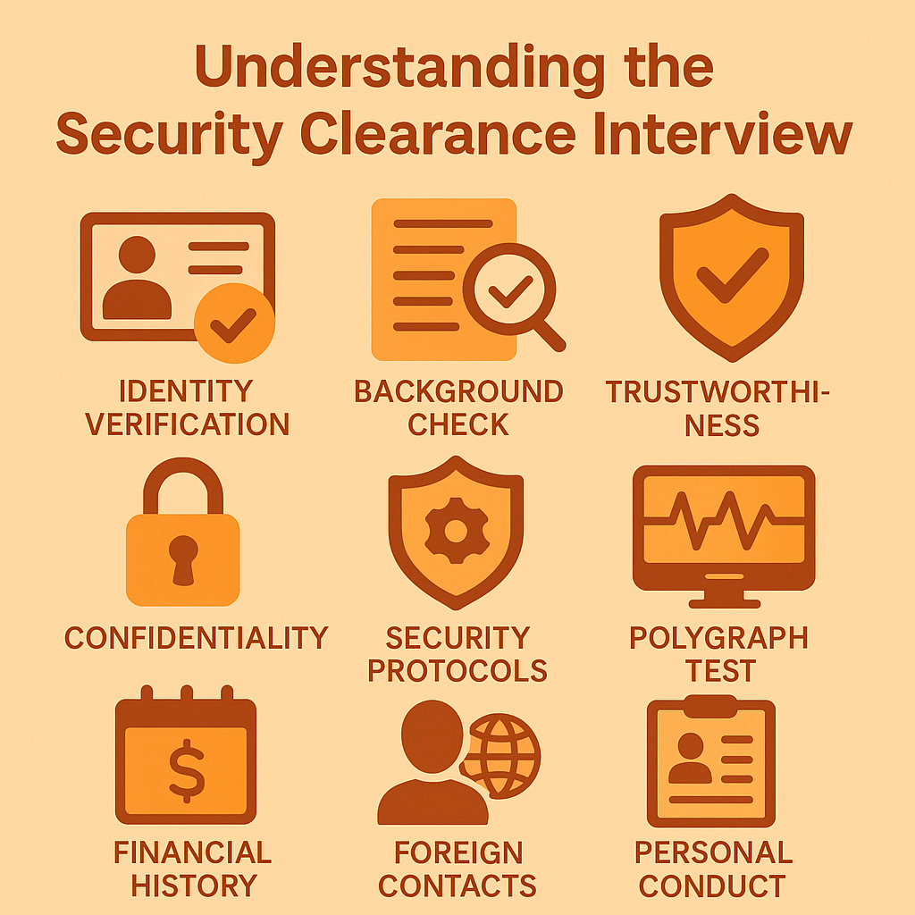 Icons depict aspects of security clearance: identity, background, trust, confidentiality, protocols, polygraph, finance, contacts, conduct.